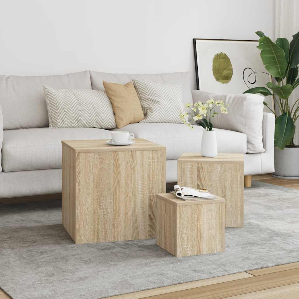 SXZenSpace 3 Piece Side Tables Set Sonoma Oak Engineered Wood Modern Nesting End 45/35/24 cm Cube Design Multi Purpose for Living Room Bedroom Hallway