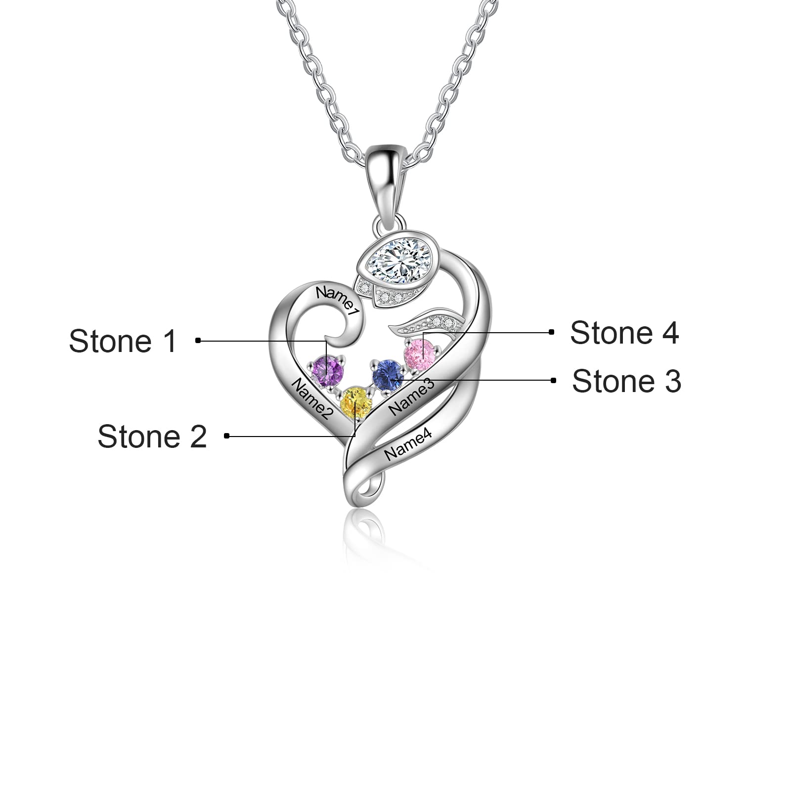 Collana Rosa Personalizzata Cuore 925 Argento Rosa Fiore Ciondolo con Incisione 2-4 Nome Birthstone BFF Collana Figlia Signore Regalo per la Festa della Mamma San Valentino