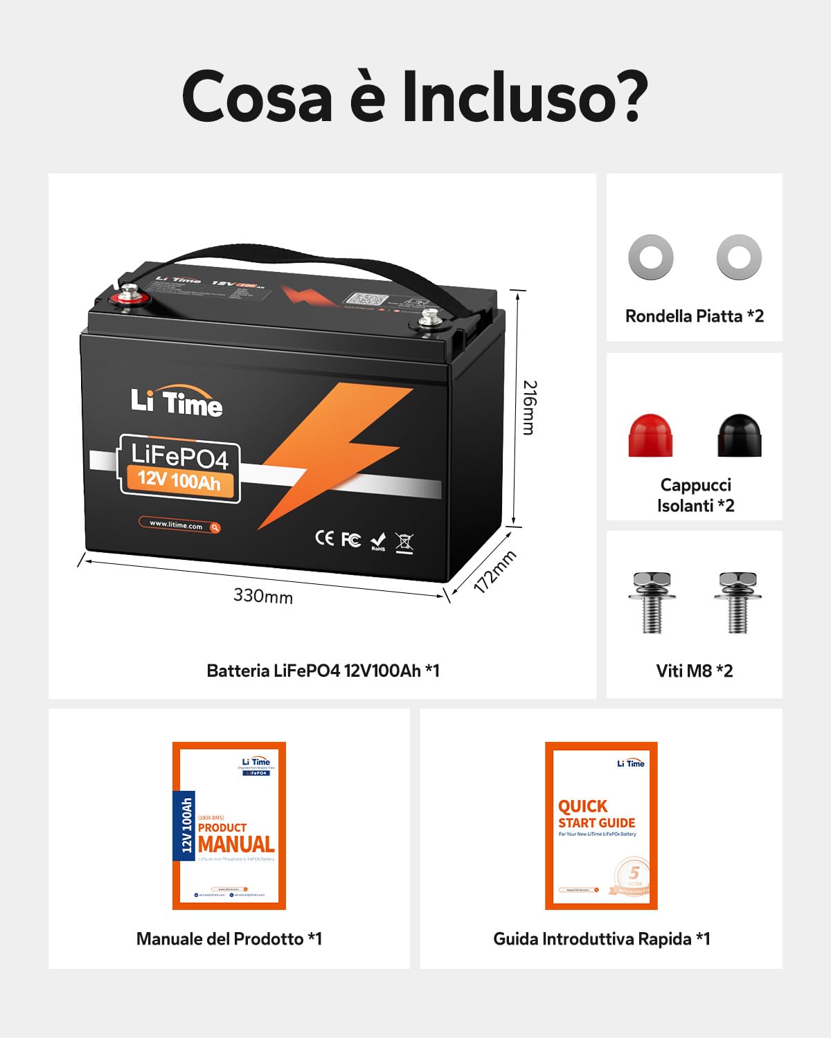 LiTime Batteria al Litio 12V 100Ah per Camper, Batteria LiFePO4 12V con Celle di Classe EV, Max 15000 Cicli, Energia 1280Wh, Adatta per Furgone Camperizzato, Impianti Solari, Barche, Fuori Rete