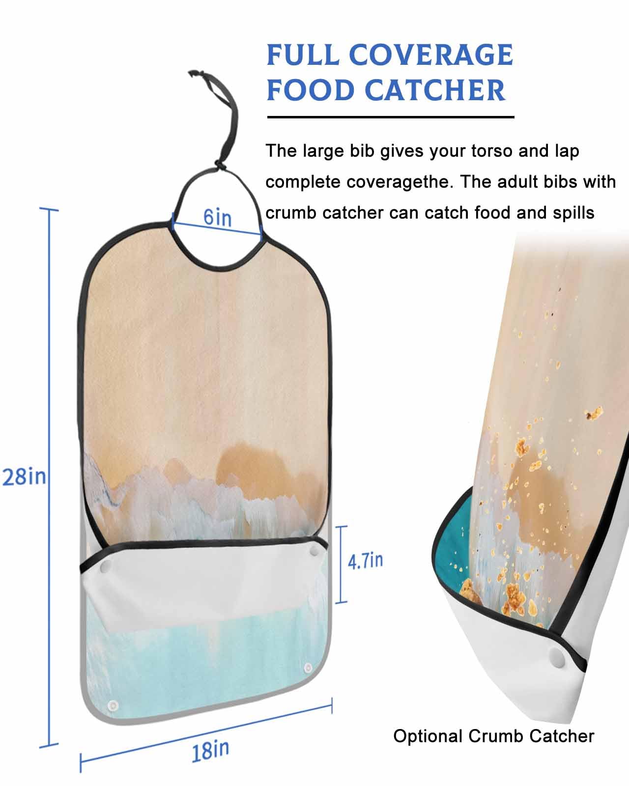 LEOKOTI Orange Aqua Coastal Adult Bibs for Eating, Waterproof Bibs with Food Catcher & Adjustable Snap Closure, Summer Beach Seaside Nautical Washable Clothing Protectors Adult Bibs for Elderly