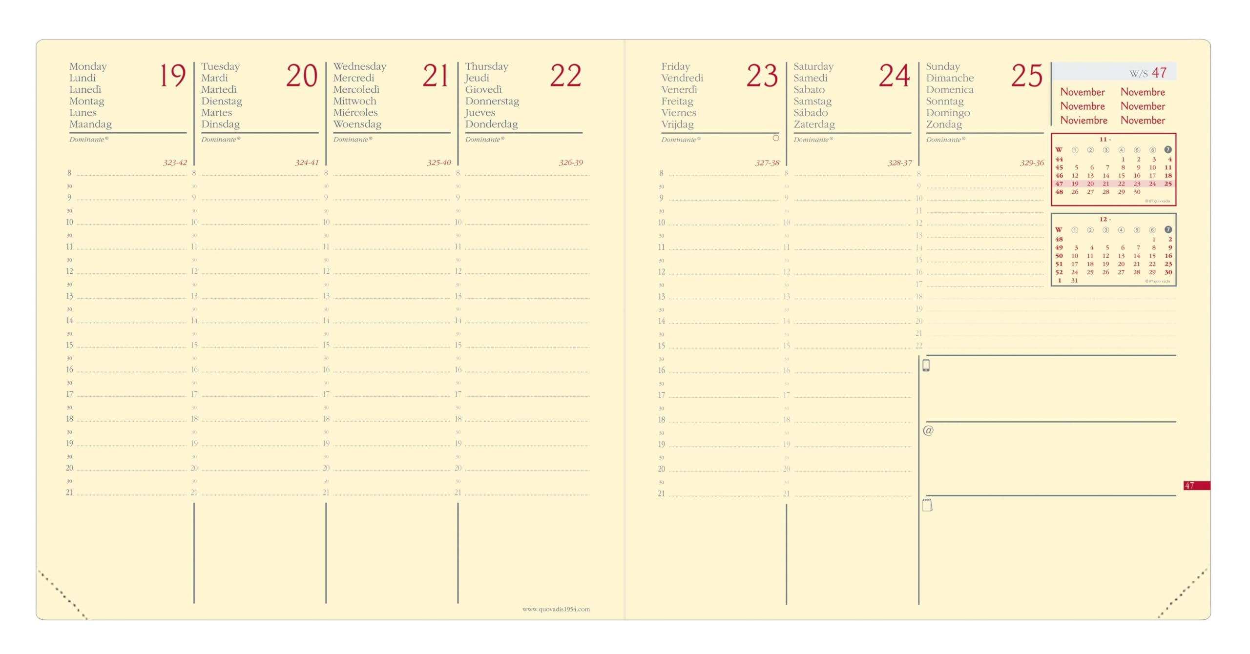 QUO VADIS - 905452Q - Línea: Ejecutivo Prestige - Agenda de Oficina Anual 2023, Semanal, 13 Meses, Diciembre-Diciembre, 16x16cm, Papel Marfil, Cubierta Color Rojo De Cuero Luna, Multilingüe
