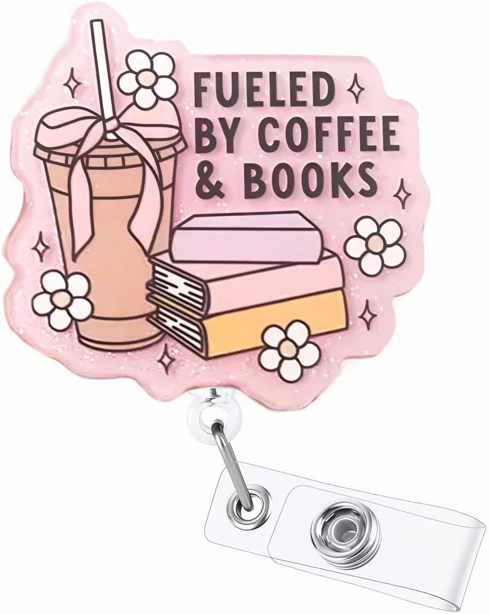 Pink Fueled by Coffee & Books Funny Badge Reel, Retractable ID Card Work Badge Holder with 24” Durable Nylon Cord Nurse Nursing Badge Clip for RN CNA LPN MA Medical Worker Student