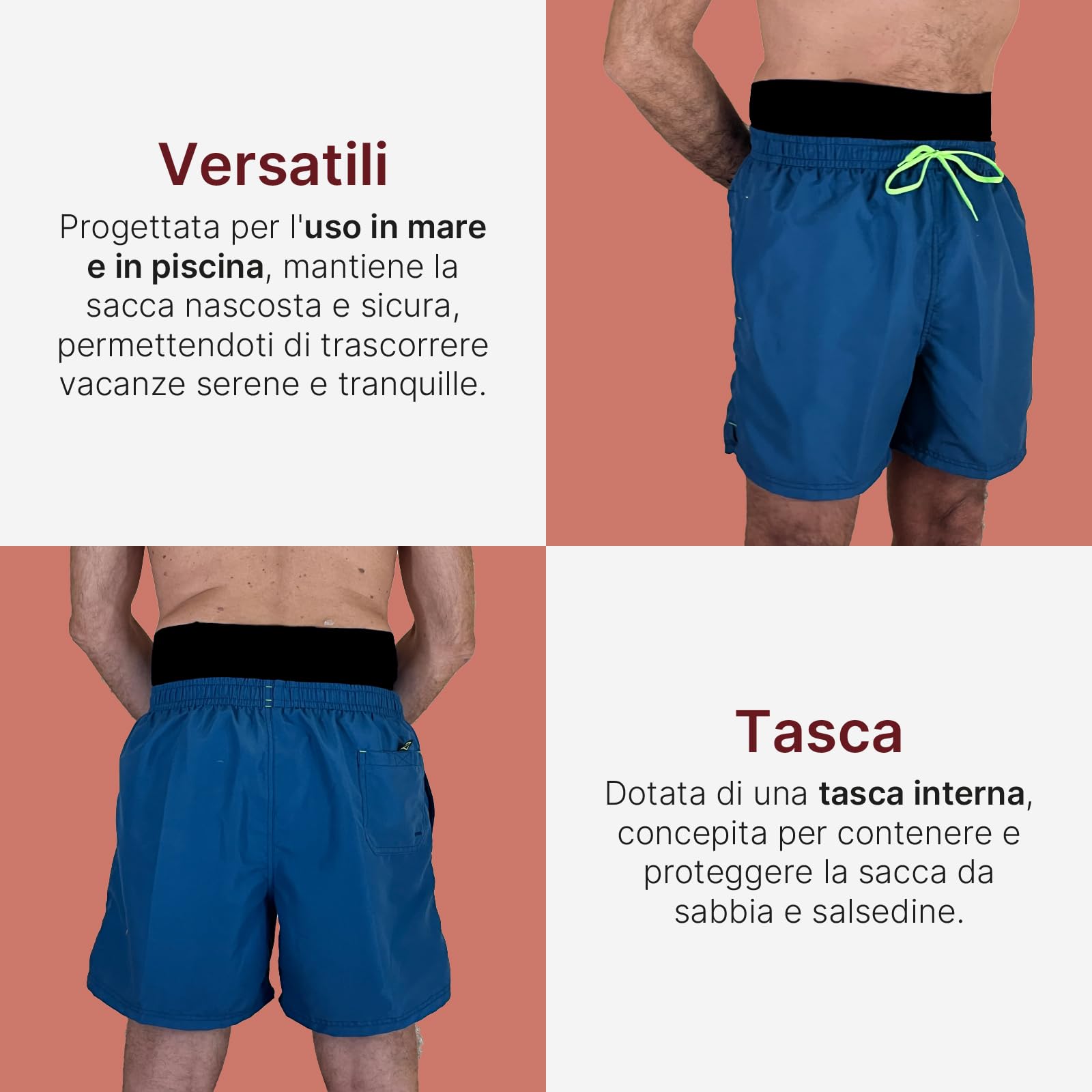 Bandeau de costume pour stomie pour homme pour mer et piscine, poche intérieure pour contenir la poche, fabriqué en Italie
