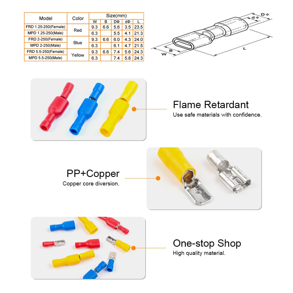 100pcs 50pairs 6.3mm 16 14AWG Female Male Electrical Wiring Connector Insulated Crimp Terminal Spade Blue(50pair 100PCS Blue)