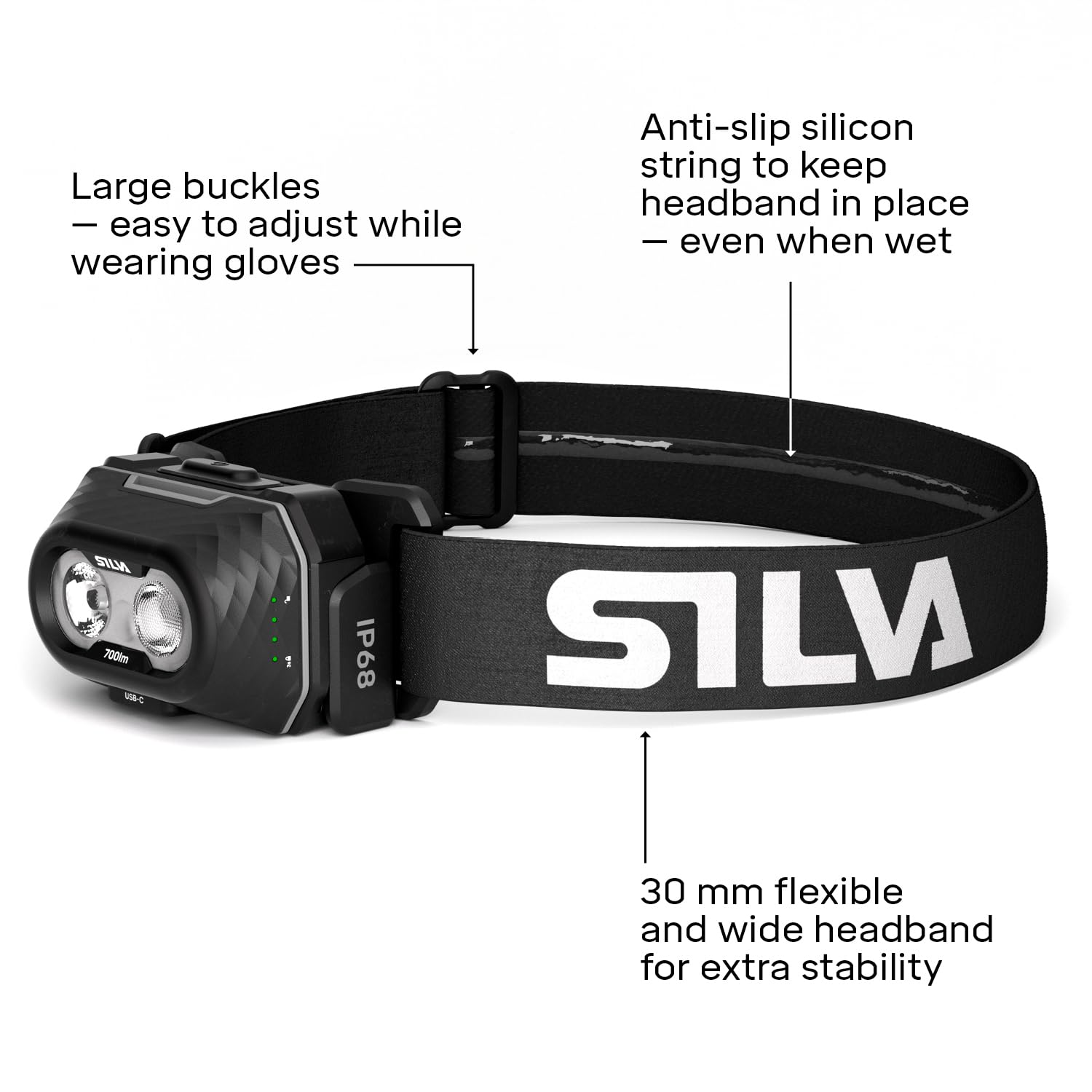 Silva Latarka czołowa zasilana bateriami, ładowalna USB-C - Explore 5-700 lumenów lampa czołowa - 4 poziomy jasności - białe, czerwone i pomarańczowe diody LED - wskaźnik baterii - Latarka czołowa do