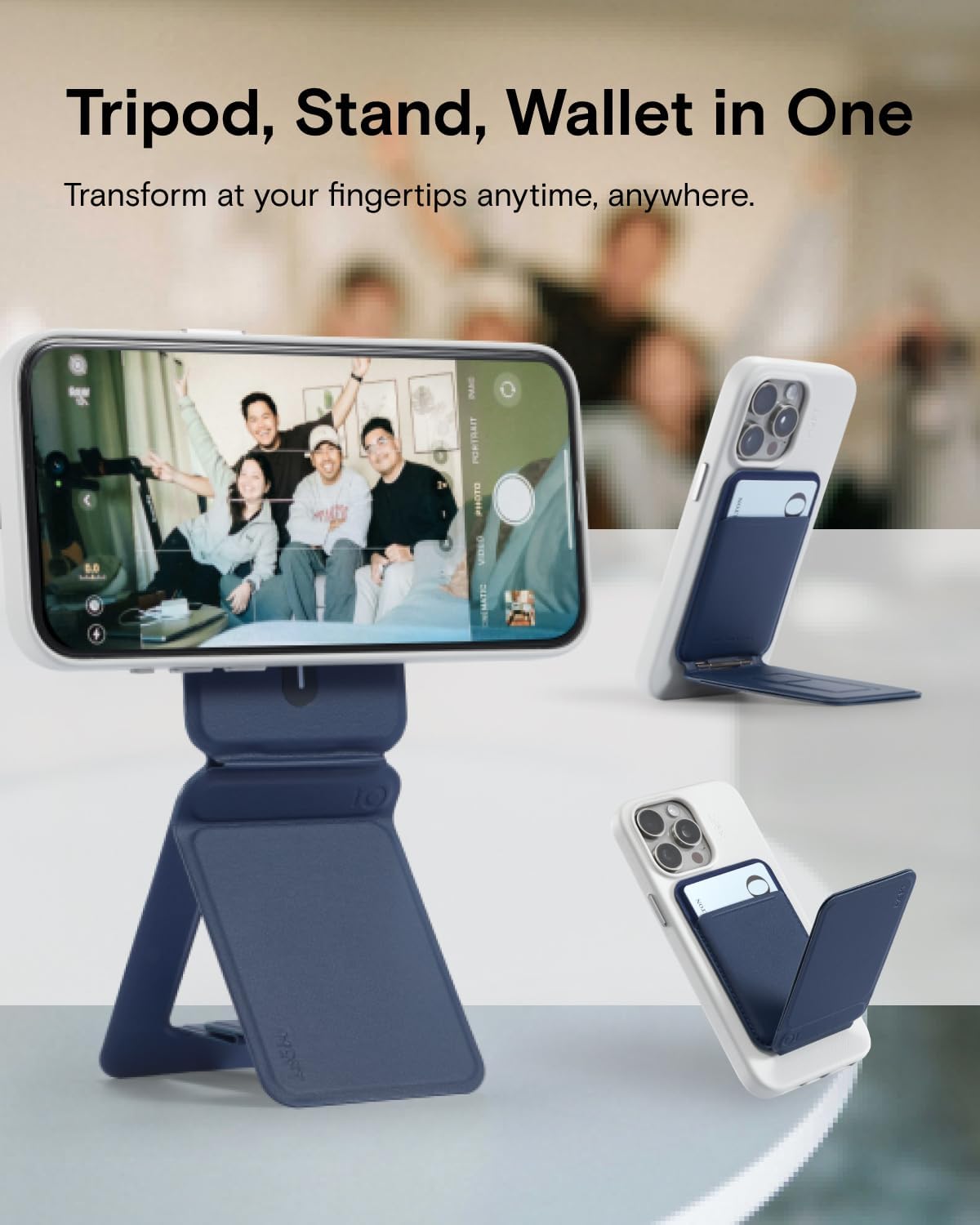 MOFT Phone Tripod Wallet, 3 in 1 Phone Stand, NFC-Supported Magnetic Phone Wallet, MOVAS Vegan Leather Adjustable Card Holder, Navy Blue - Image 2