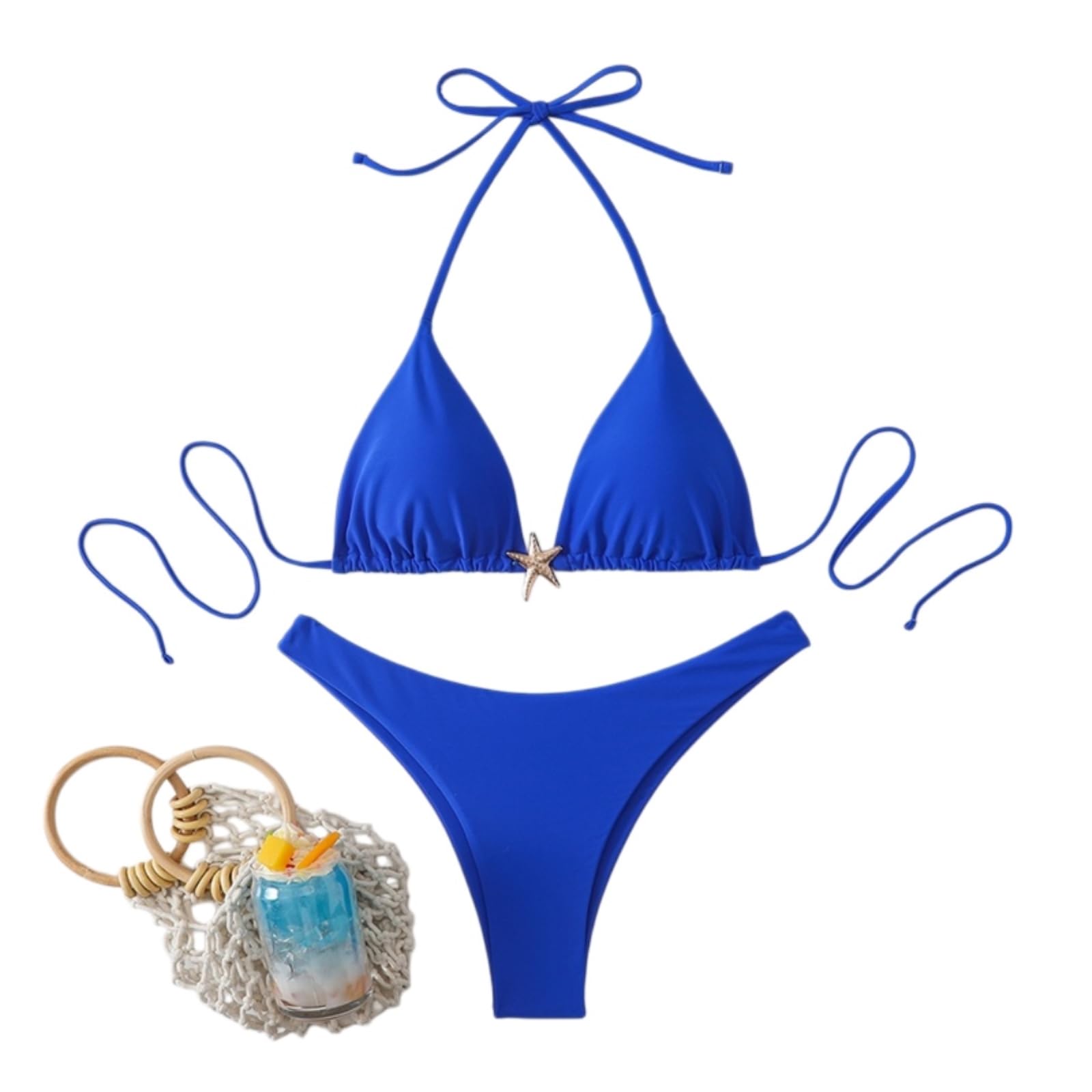 Bikini Donna Donne Halter Set Starfish Dettaglio Alto Taglio Due Pezzi Costumi da Bagno-Black-s