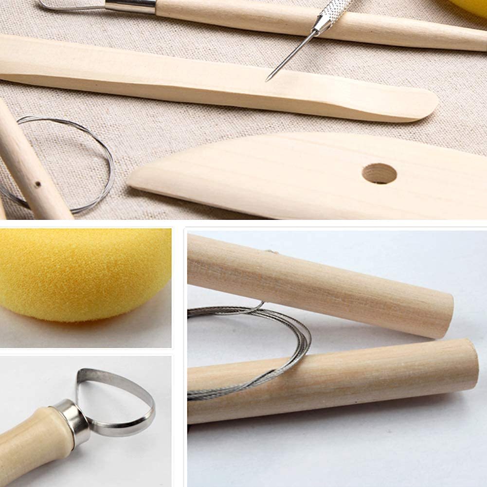 RRJ 8 Pieces Wooden Pottery Sculpting Clay Cleaning Tool Set, Includes Clay Cutting, Modeling, Trimming Tools, for Beginner Level Pottery and Smoothing, Cleaning, Carving, Shaping and Sculpting 3