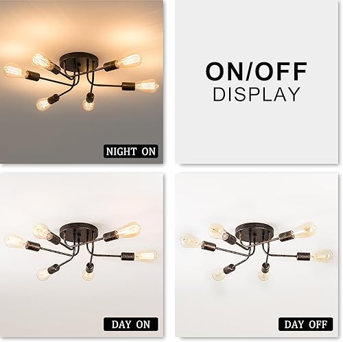 Miniatura 7 de Lámpara de techo industrial semiempotrada con 6 luces de techo vintage con ramas de metal ajustables Soporte E26 (bronce) (bombilla no incluida)
