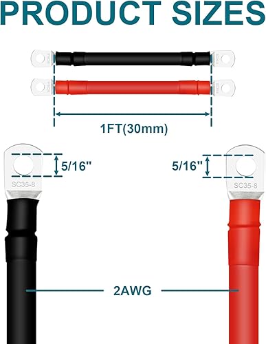 Miniatura 12 de Cables de batería 4 AWG con terminales de cobre de 3/8 pulgadas (2 piezas de 1 pie)