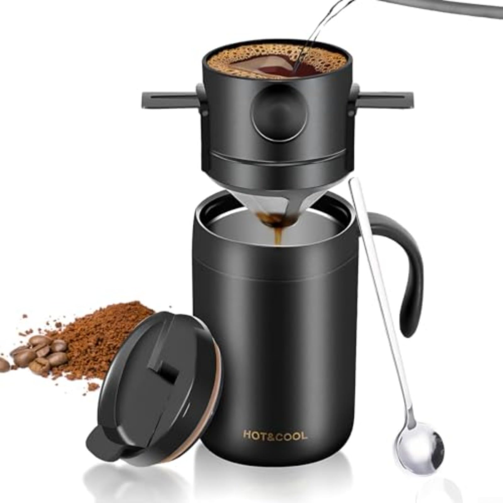 Stainless Steel Travel Coffee Cup With Built-In Filter And Dedicated Spoon For Freshly Brewed Coffee Off Grid(Black)