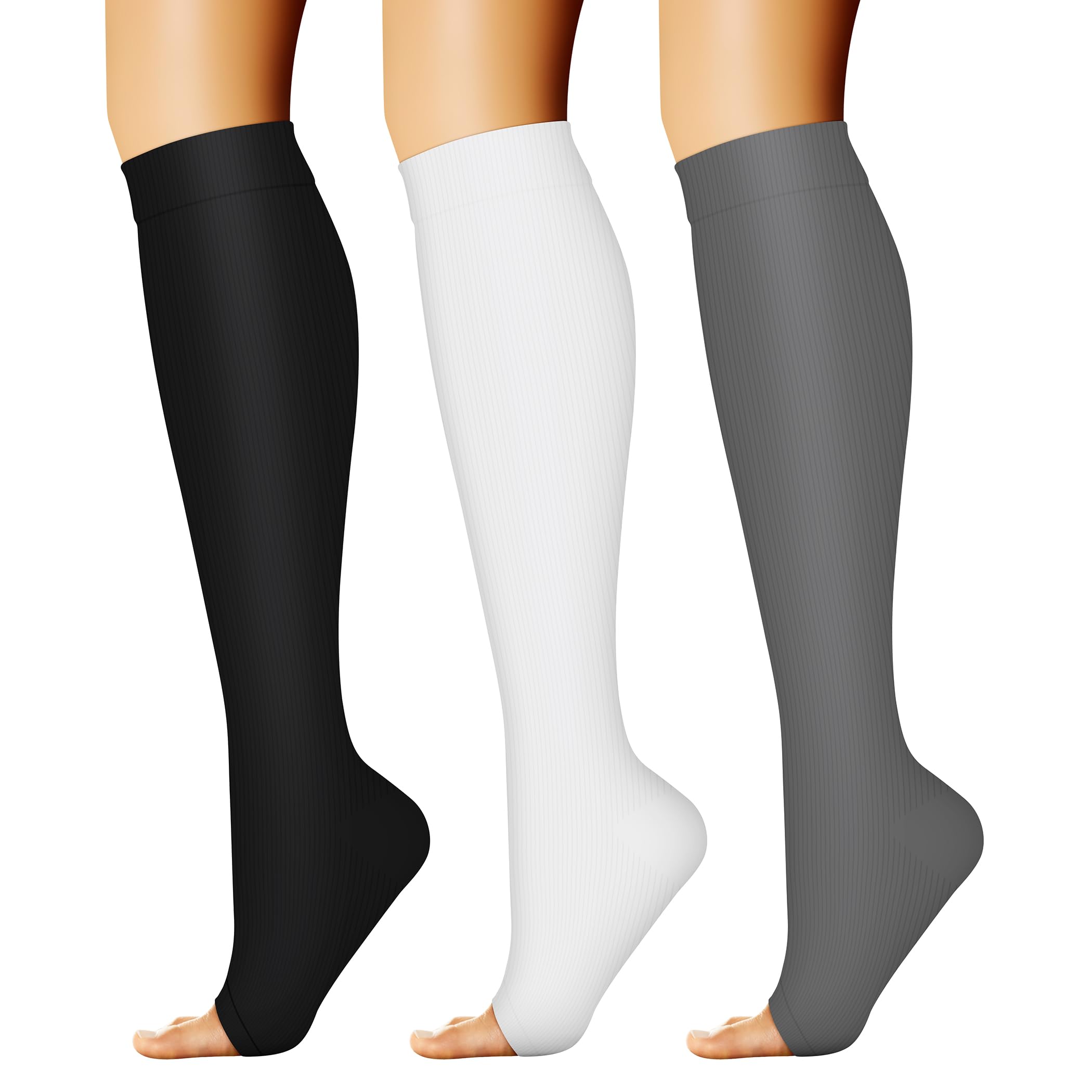 3 Pairs Open Toe Compression Socks for Women & Men Circulation 15-20 mmHg is Best Support for All Day Wear