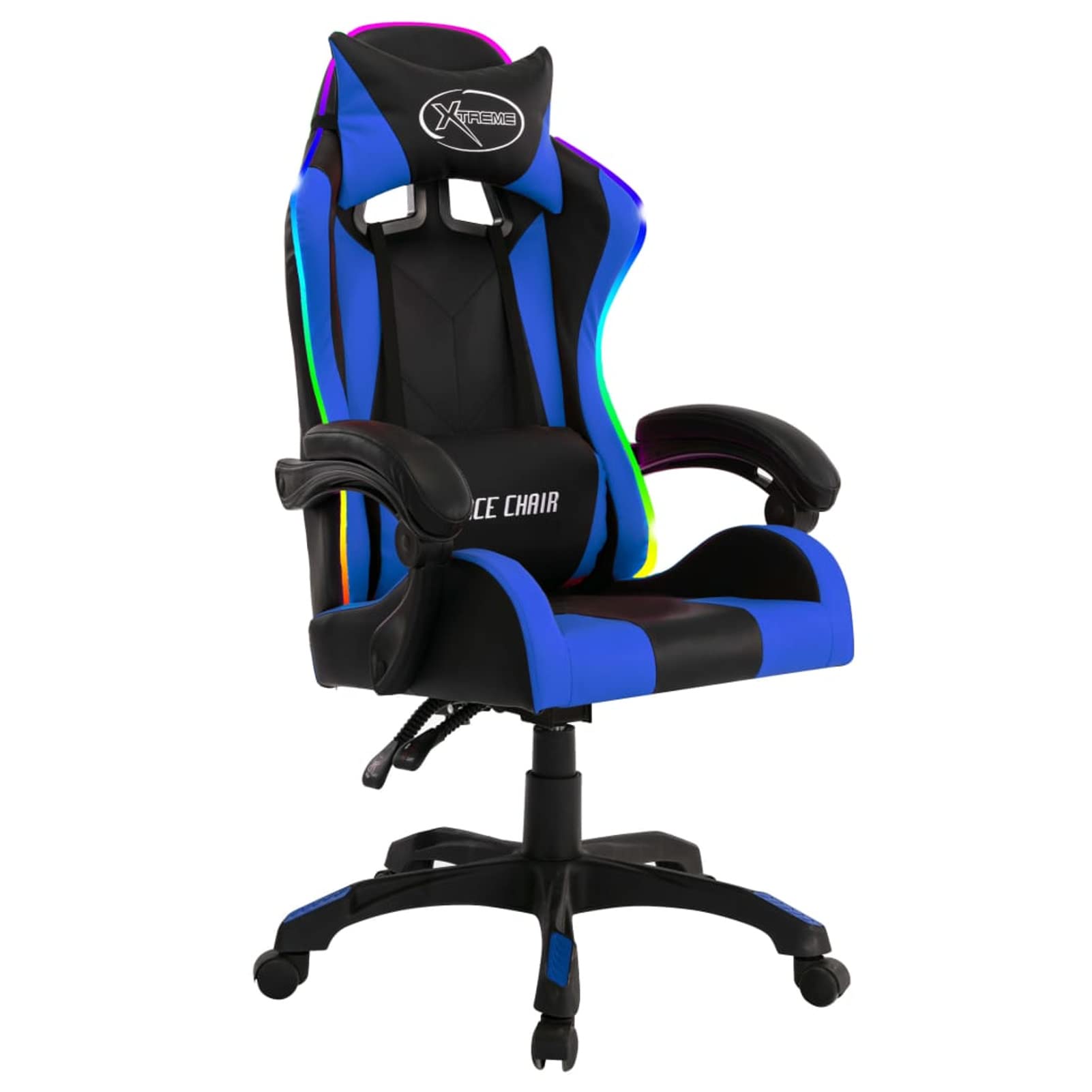 Homgoday Silla de gaming con luces LED RGB azul y negra de piel sintética, muebles para casa, interior, exterior, salón, dormitorio