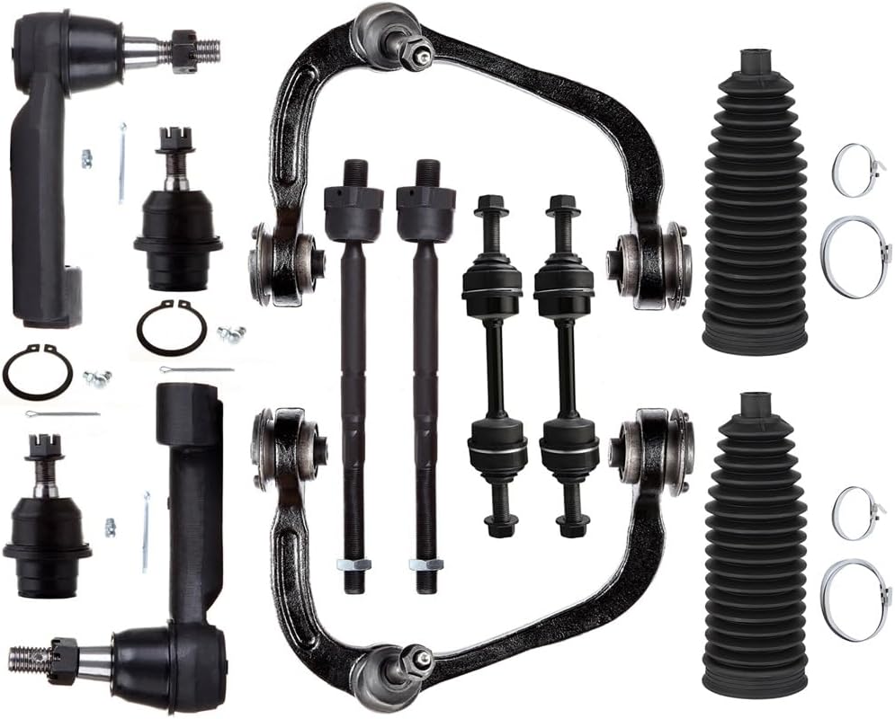 Front Upper Control Arm w/Ball Joint fit for Ford for F-150 2009 2010 2011 2012 2013 2014, Suspension Kit with Lower Ball Joint Inner Outer Tie Rod End w/Steering Boot Sway Bar Link - 12pc Set