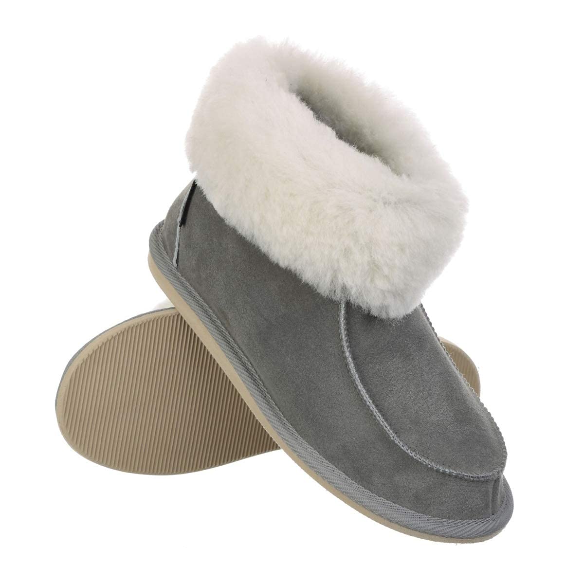 Hollert Damen & Herren Lammfell Hausschuhe ZUGSPITZE GRAU 100% Merino Schaffell für Wohlgefühl - warm, atmungsaktiv