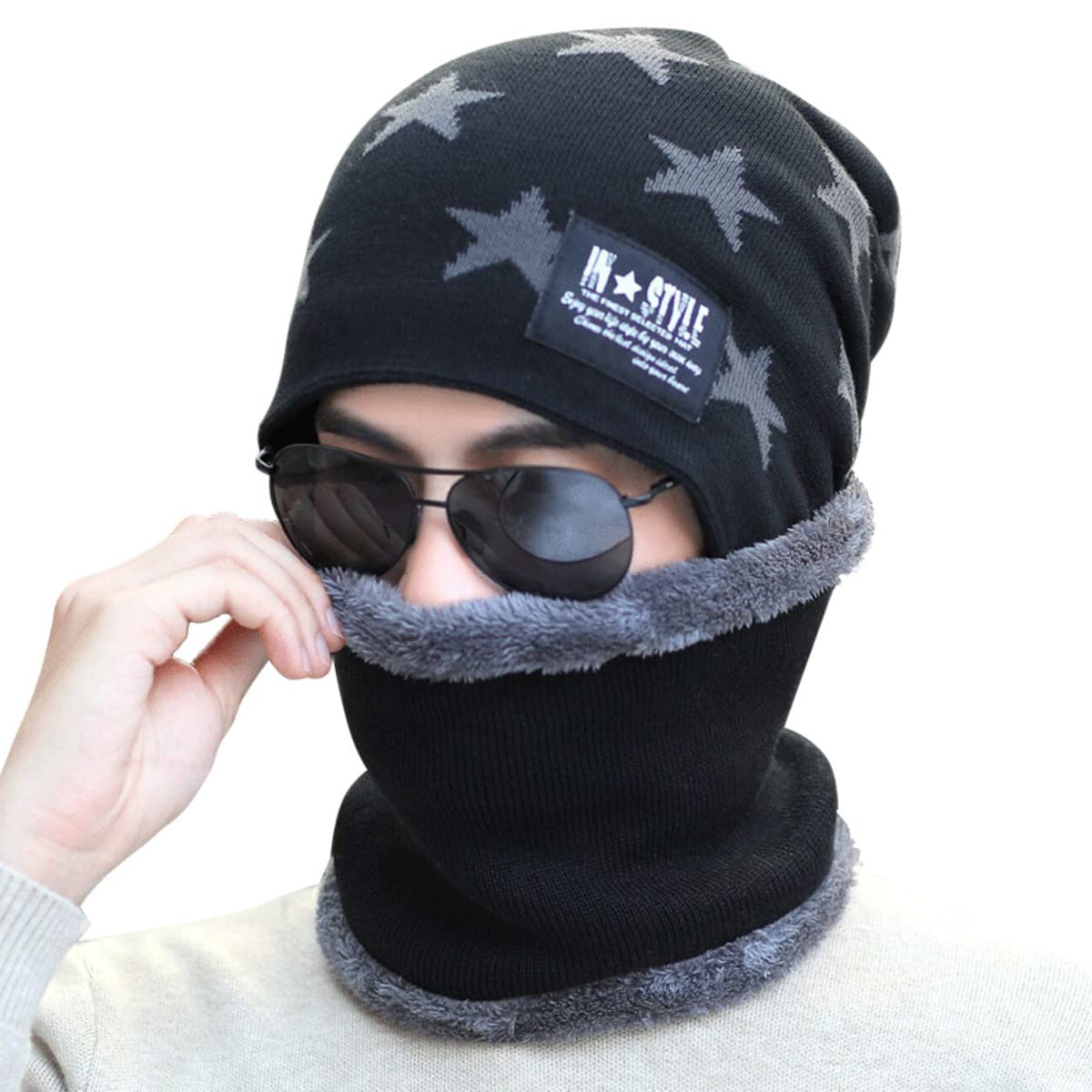 MOMISYUnisex Woolen Beanie Little Star Design Cap Plus Muffler Scarf Set for Men Women