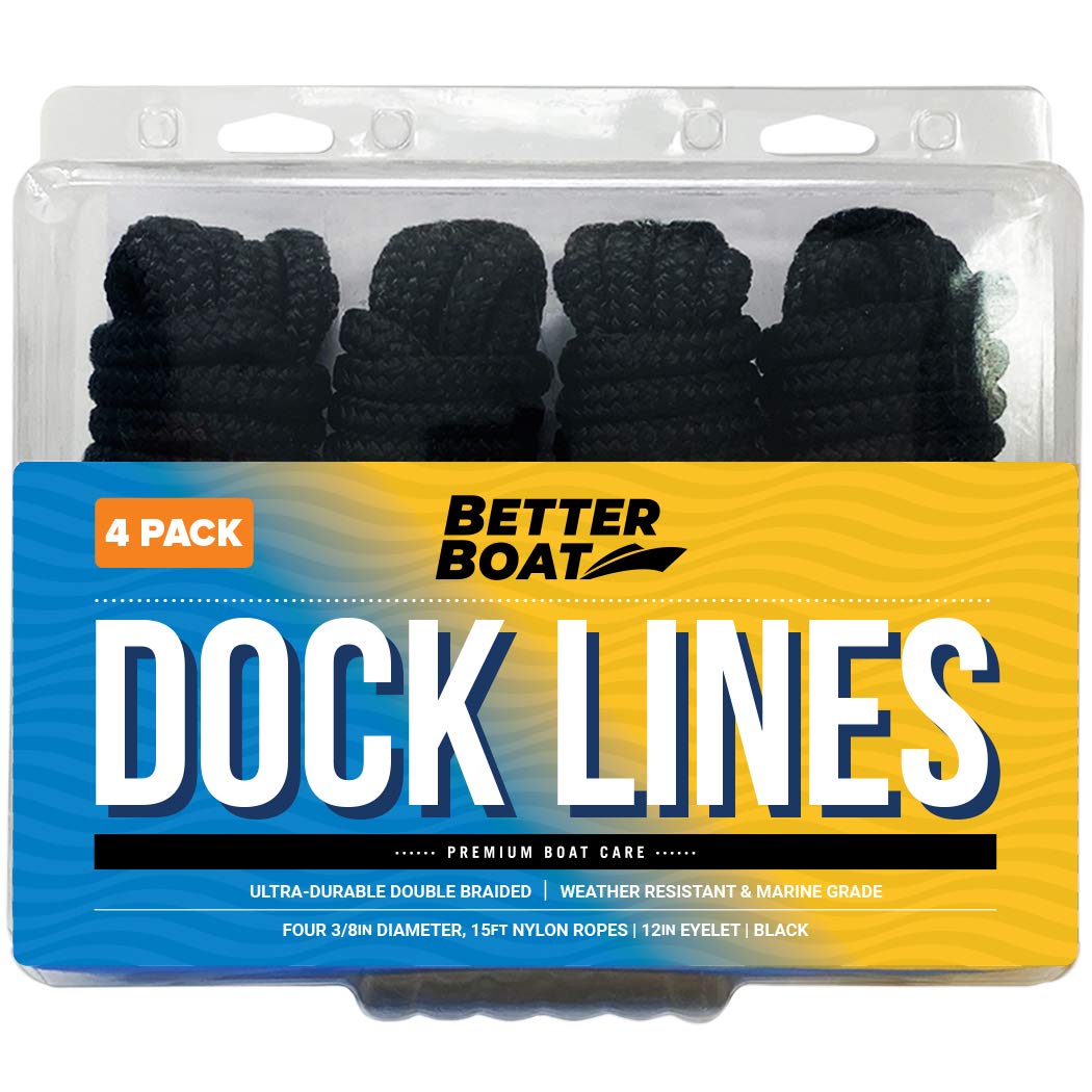 Better BoatDock Lines Ropes for Docking 3/8" Line Braided Mooring Marine Rope 15FT Black 4 Pack