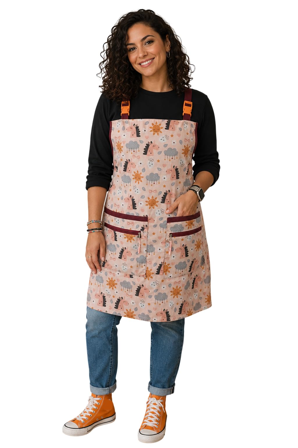 Delantal Maestra Unicornios Rosas Galba® | Estola Infantil y Primaria | Algodón | Naranja Flúor | 4 Bolsillos | Tirantes Regulables | + Regalo | Talla 2XL