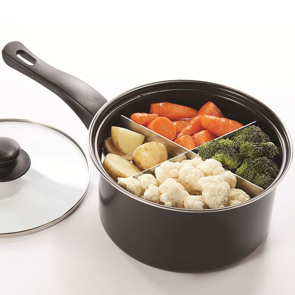 4 Way Divided Non-Stick Saucepan with Lid - Enamelled Carbon Steel Pan - Black - 20cm Diameter - 2 Litre