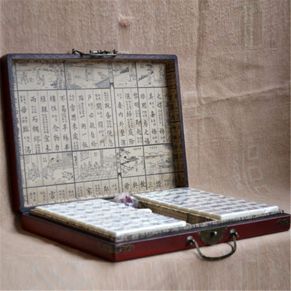 Juego de Mahjong portátil Juego de Mahjong Antiguo con Estuche de Madera Juego de Mahjong Familiar for Viajes