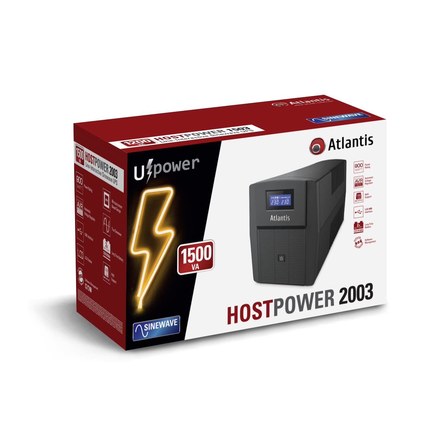 Atlantis A03-HP2003 UPS Onda Sinusoidale Pura 1500VA 900W Line Interactive LCD USB-HID