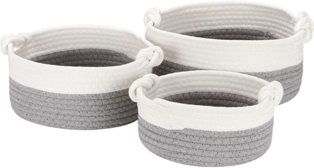 100% Natural Jute small box mini rope paper storage Round basket hamper baby nursery tray bucket set of 3 for Living or Drawing Room,fruits, kitchen,office,shelfs all Colour. (Grey & White Bowl)