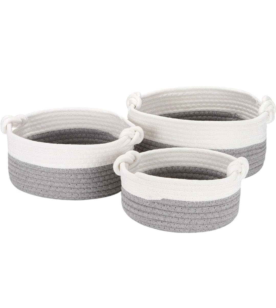 100% Natural Jute small box mini rope paper storage Round basket hamper baby nursery tray bucket set of 3 for Living or Drawing Room,fruits, kitchen,office,shelfs all Colour. (Grey & White Bowl)