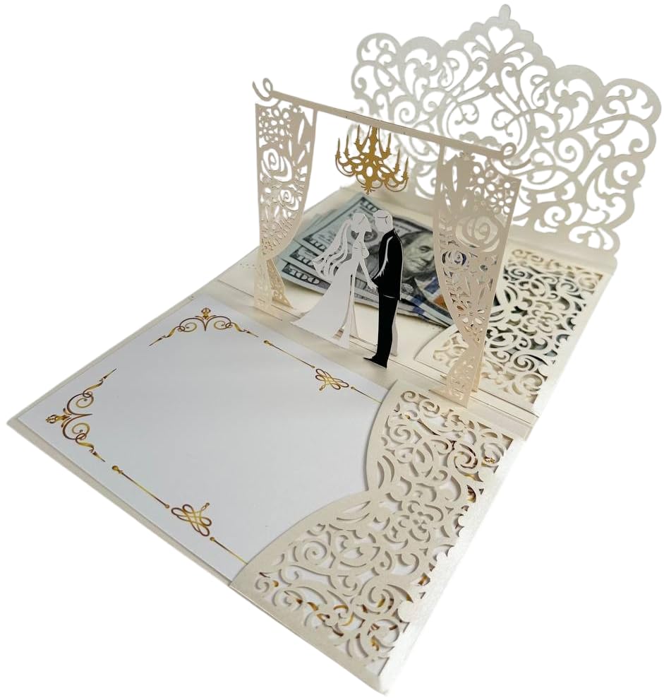 Wedding Cards for Bride and Groom - Pop-Up Congratulations Card with Money Holder for Cash Gift – Elegant Marriage Card for Bridal Shower, Wedding