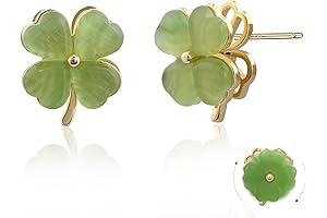 14k Gold Jade Earrings, Four Leaf Clover Stud Earrings, Green Gold Earrings...