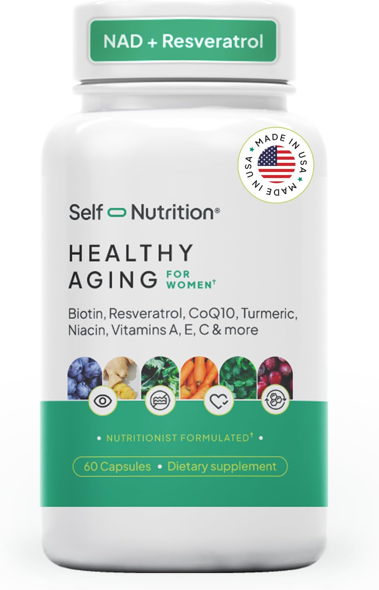 NAD+ Resveratrol Supplement for Women – Healthy Aging Formula with CoQ10, Biotin, Turmeric & Vitamins A, C, E – Supports Energy, Skin & Longevity – 60 Capsules. Made in USA.