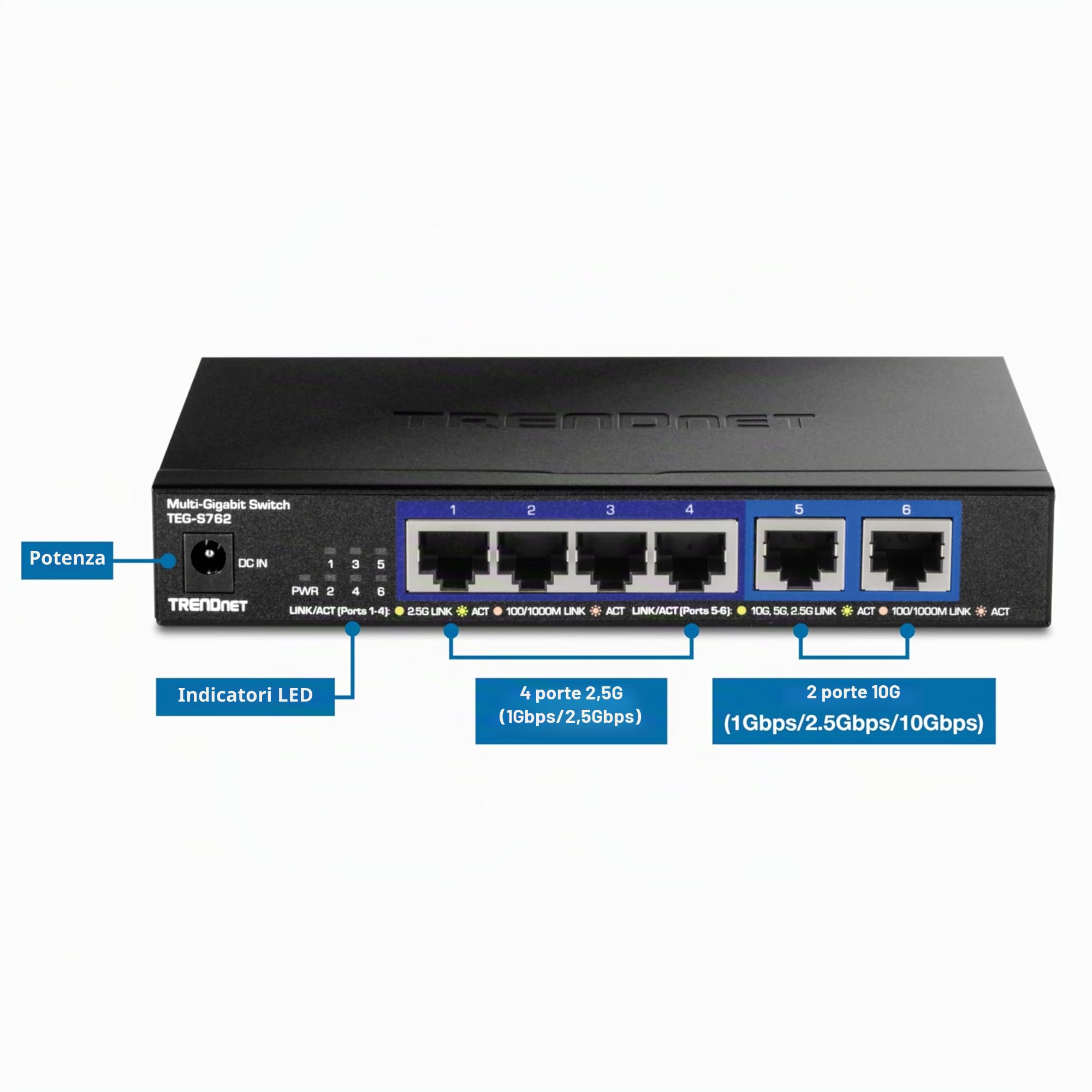 TRENDnet TEG-S762 Switch 6 porte 10G, 4 porte RJ-45 Base-T da 2,5 G, 2 porte RJ-45 10G, capacità di commutazione 60 Gbps, montabile a parete, connessioni di rete 10 Gigabit, nero