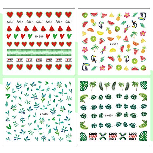 1300+ Pcs Nail Art Stickers Pineapple Watermelon Kiwi Flamingo Leaves Ocean Shell Mermaid Cactus Drinks Ice Cream Hawaii Fingernails Decorations Self-Adhesive 3D Decals Sticker 24 Sheets #TOP2