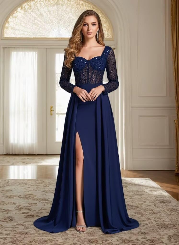 Long Sleeve Prom Dress 2026 Satin Square Neck Formal Gown with Slit Prom Wedding Party - Image 7