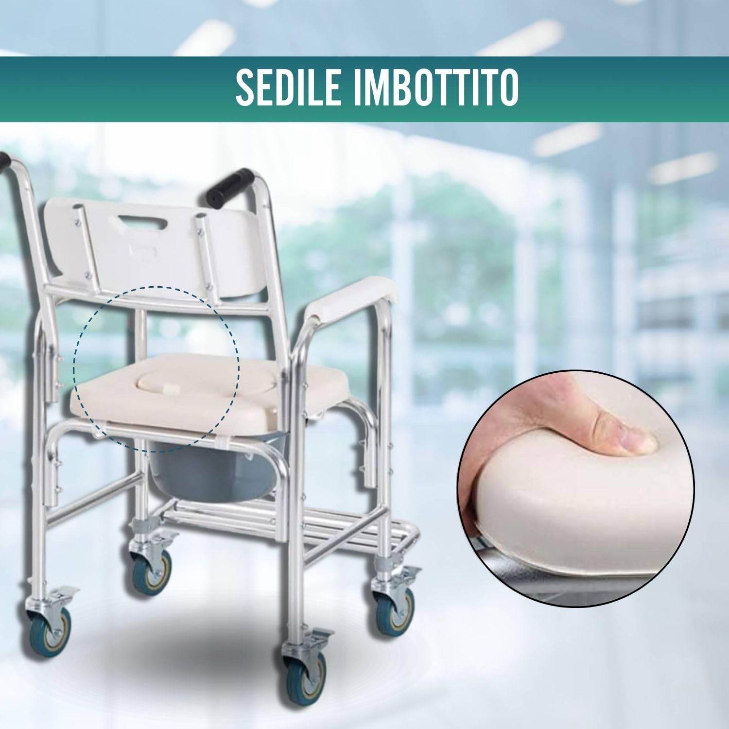 OrtoPrime Sedia da Doccia con Ruote e Piedini Pieghevoli - 3 in 1 - Sedia con WC Integrato e Bidet - Portatile per Anziani - Geriatrica
