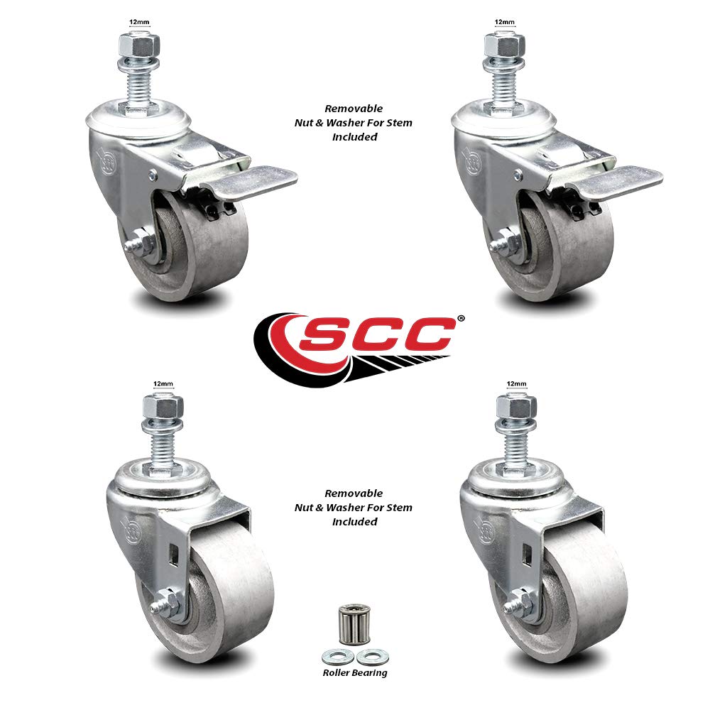 Semi Steel Cast Iron Swivel Threaded Stem Caster Set 4 w/Roller Bearing - 3