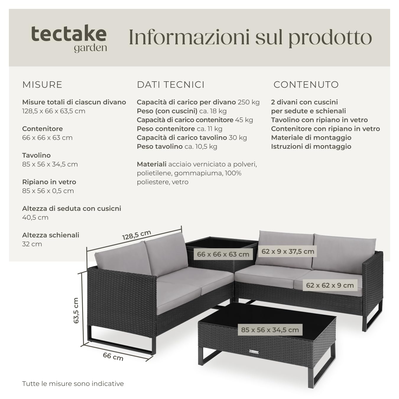 tectake® Salottino in Rattan Ostuni, Set da Giardino con 2 Sofà e 1 Tavolo con Lastra in Vetro, Box Contenitore, Cuscini Spessi, Telaio in Acciaio, Intreccio in Polyrattan - Nero