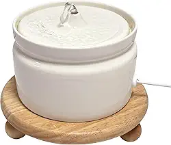 Fonte de água de cerâmica para gatos com base de carvalho - Fonte silenciosa automática para animais de estimação de 1000 ml, (creme, 1L)