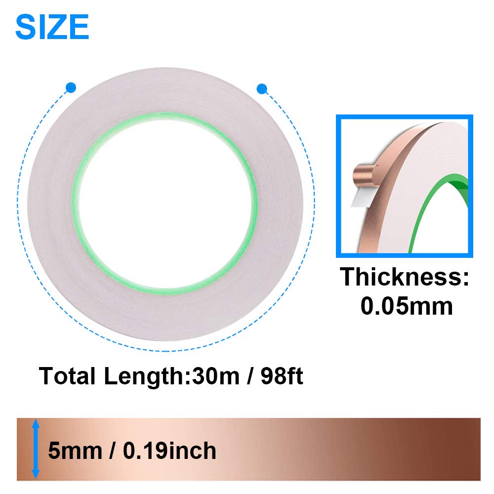 Dwustronna przewodząca taśma z folii miedzianej (5 mm/0,2 cala x 30 m/98ft) 0,05 mm grubości do ekranowania gitary i EMI, naprawy elektryczne, lutowanie z taśmą mierniczą 1,5 m / 16 ft