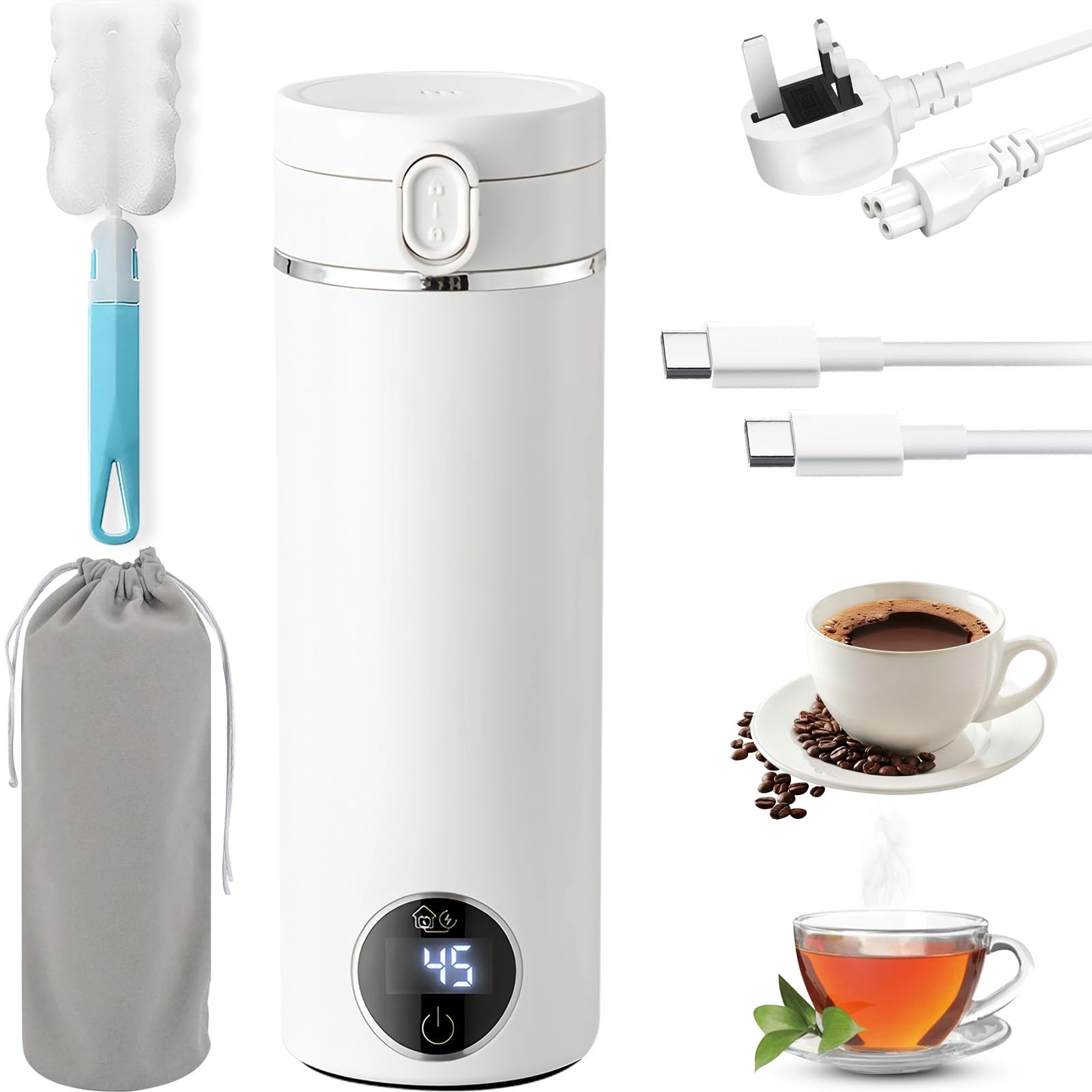 500ml Portable Travel Kettle,USB-C Electric Water Heater, Portable Electric Kettle with Carry Handle & 6 Adjustable Temperature Settings, Dual Power Modes for Home Travel & Car