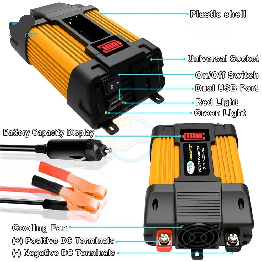 Inverter di Potenza, Convertitore di trasformatore DC-AC for auto da 6000 W, adattatore universale for presa con caricabatterie USB, stazione di ricarica rapida(6000W)