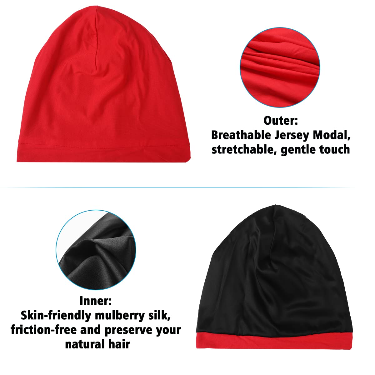 ALASKA BEAR - Natural Silk Lined Sleep Cap Hair Bonnet Slouchy Beanie Head Wrap Scarf Hat for Curly Dry Hair/Medium Length/Semi Thick Hair, Versatile & Adjustable, Unisex(Red)