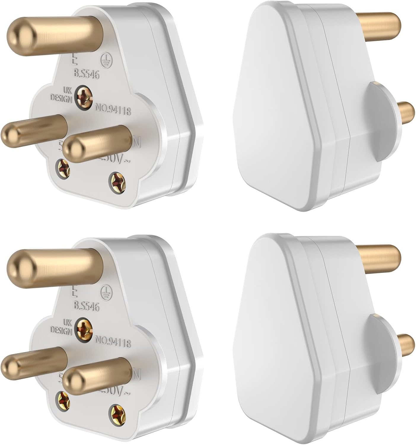 4 Pack 3Pin Mains Plug Adaptor, 5A Pin Plugs, Round 3 Pin Plugs