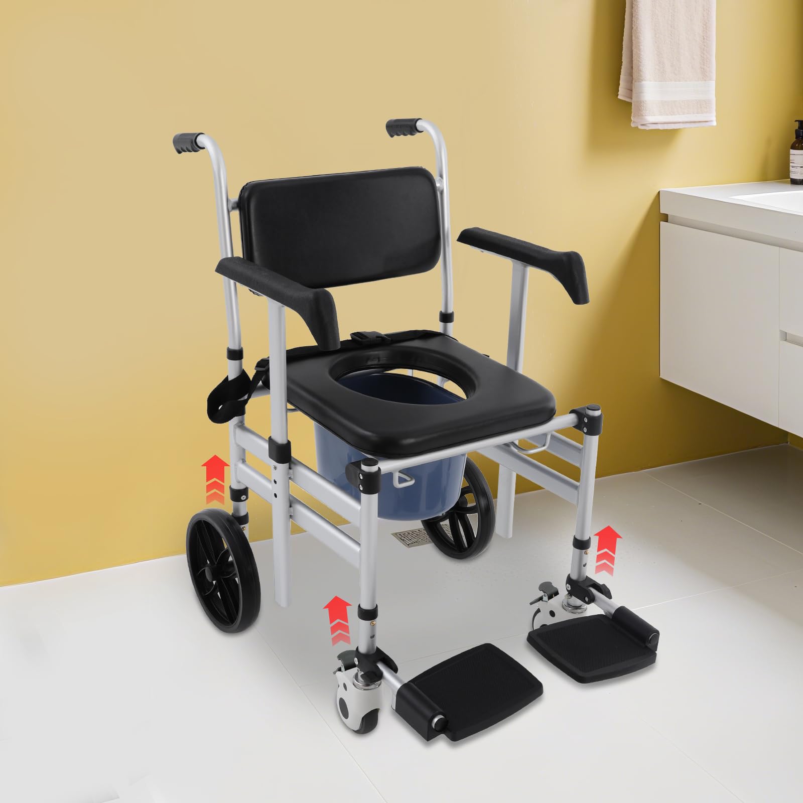 Silla de baño plegable con ruedas,Silla de aseo de aluminio ajustable en altura,Silla de inodoro móvil para personas mayores,Capacidad de carga de 150 kg