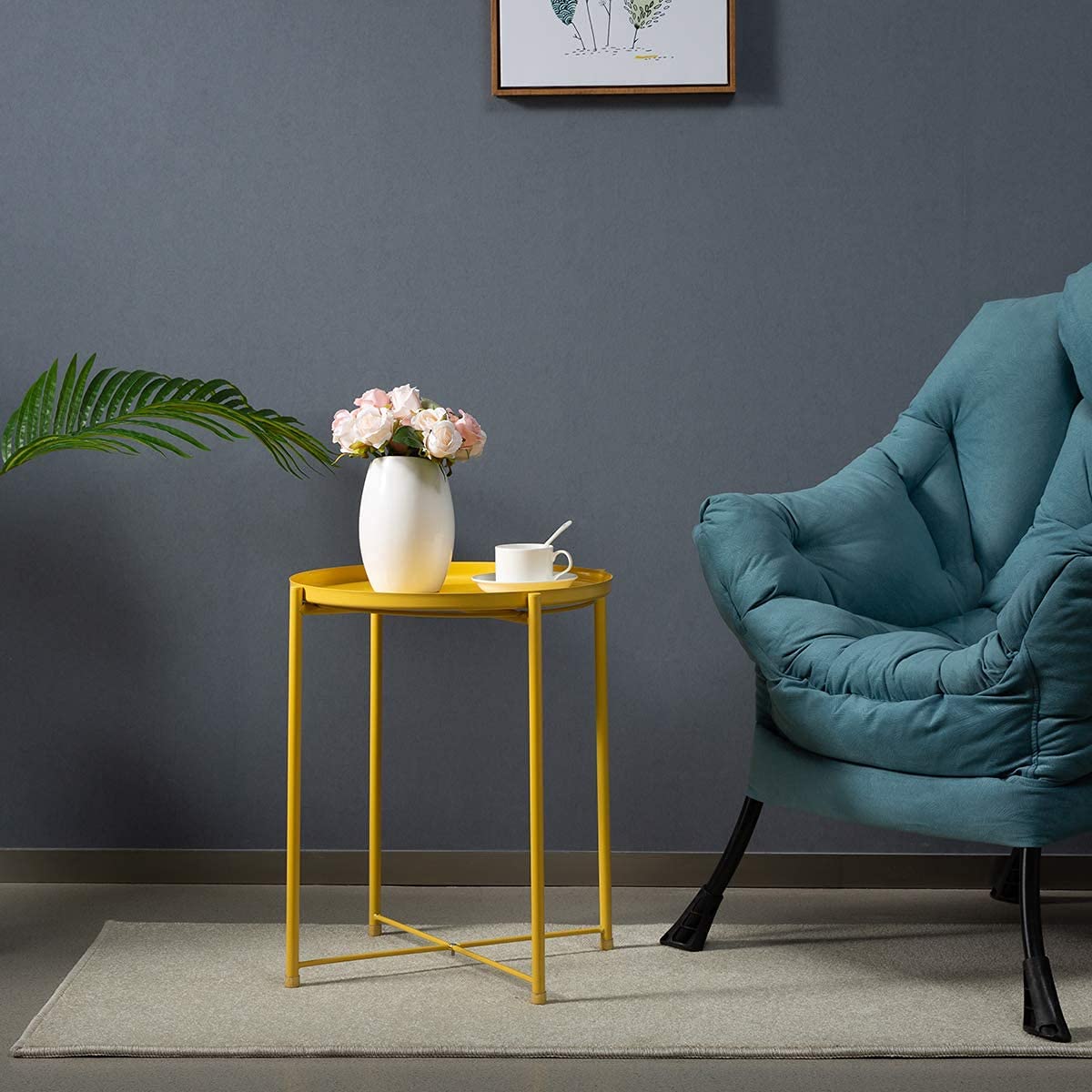 INDIAN DECOR 44121 Tray Metal End Table, Sofa Table Small Round Side Tables, Anti-Rust and Waterproof Outdoor & Indoor Snack Table, Accent Coffee Table,(H) 20.28" x(D) 16.38", Yellow 2
