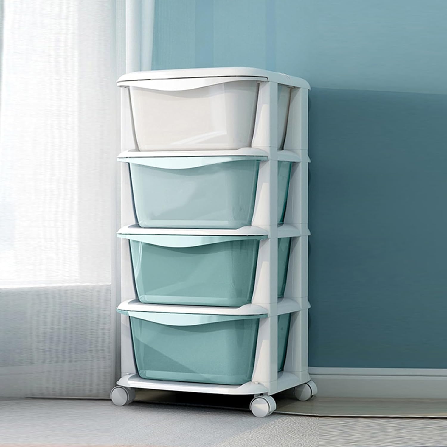 4 Drawers Plastic Storage Cart,4 Tier Storage Unit,Storage Tower on Wheels for Living Room,Green