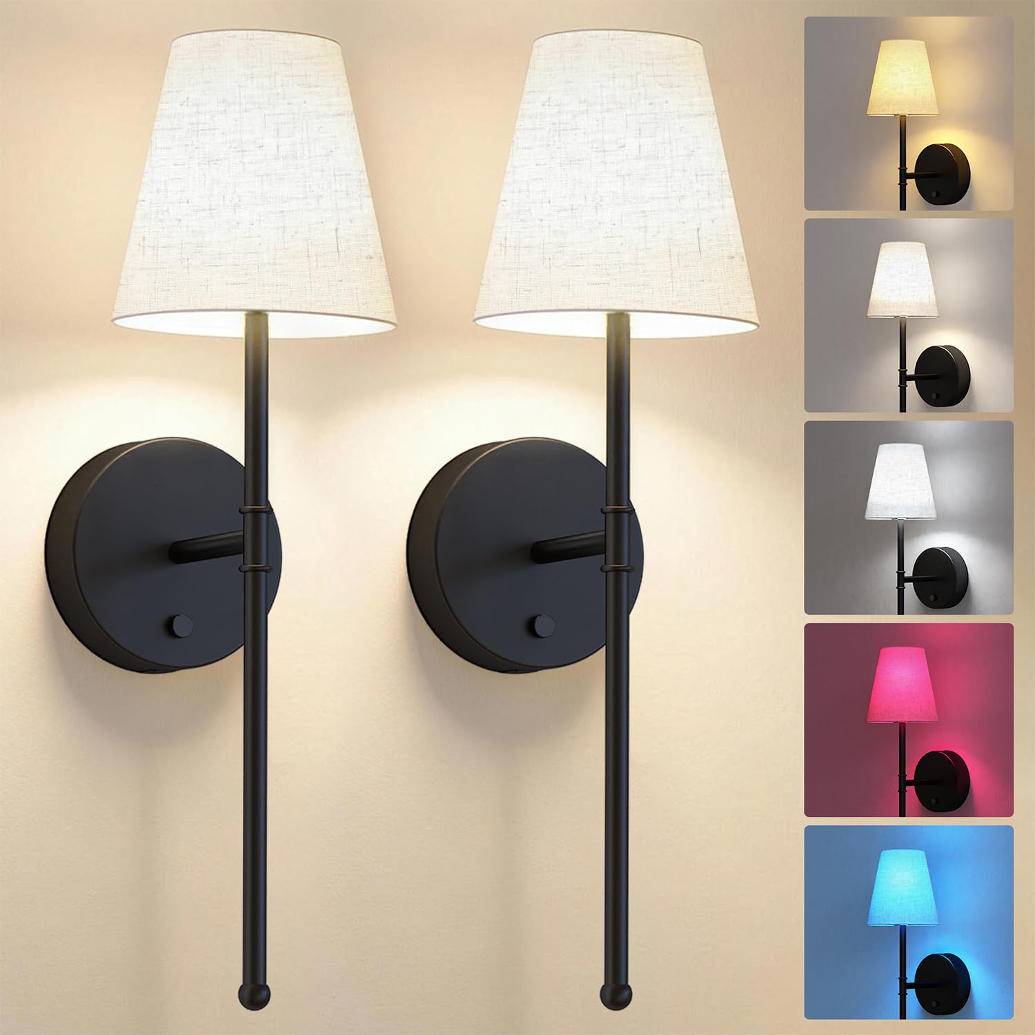 Lutec Black Battery Operated Wall Sconce Set Of 2, Rechargeable Wireless Wall Sconces With 5200Mah Rgb Dimmable And Remote, 12 Colors Sconces Decor For Bedroom/Living Room/Hallway