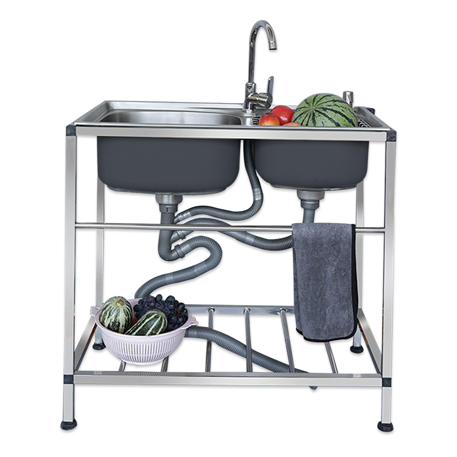 TAXXII 2 Compartment Commercial Stainless Steel Utility Sink, Free Standing Prep Sink for Outdoor Indoor, Garage, Restaurant, Kitchen, Laundry Room, Room