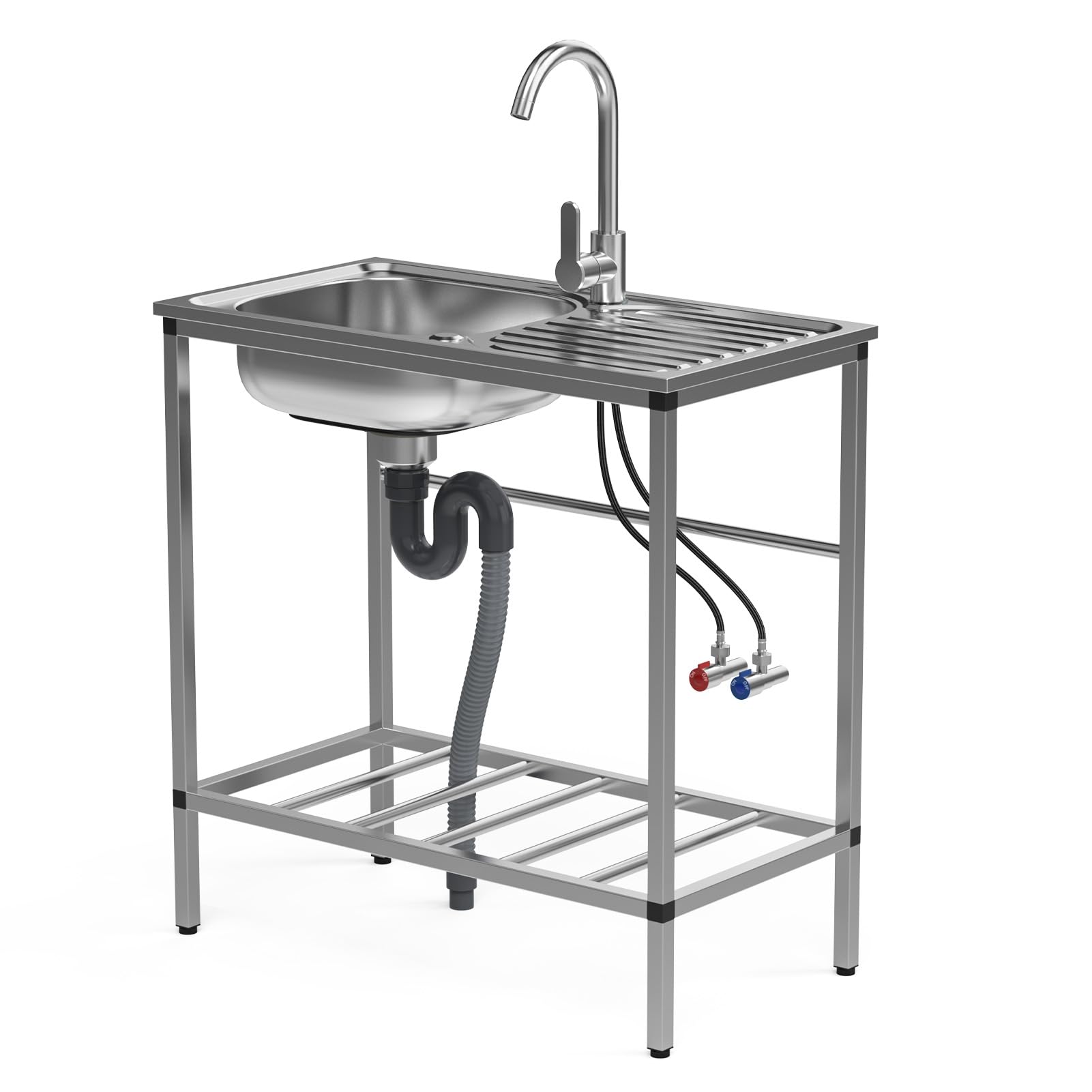 Free Standing Utility Sink Set Single Bowl Kitchen Sink, Stainless Steel Utility Sinks with Hose Hook Up, Hot & Cold Faucet,Storage Shelf & Quick Drain for Kitchen, Garage, Backyard Stainless Steel