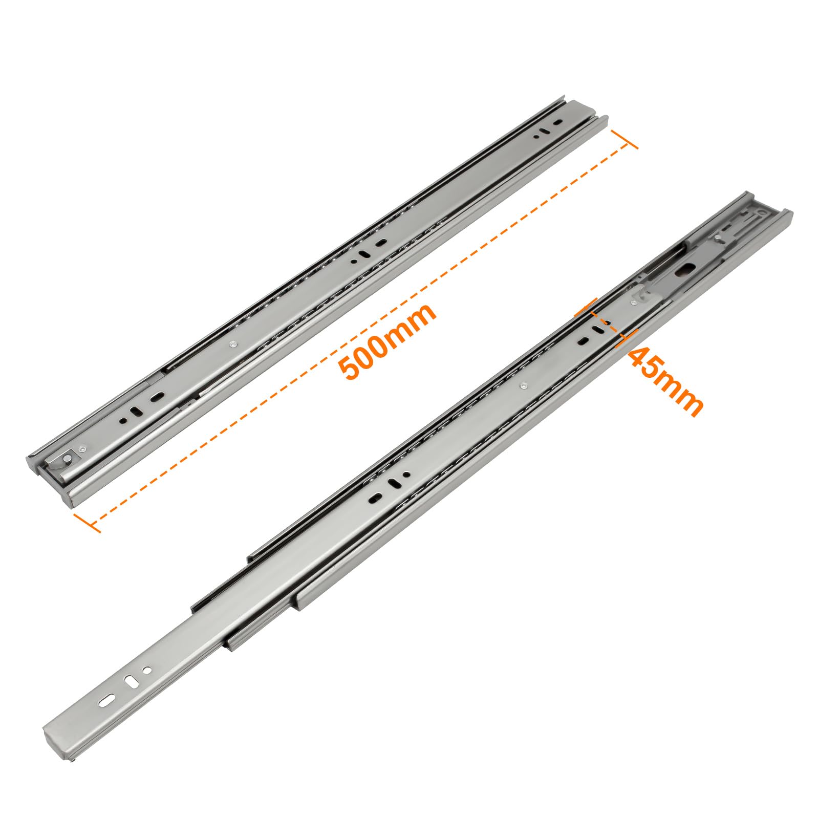 Fiqops Szyny do szuflad 500 mm, pełne wysuwanie 45 kg nośności, stabilne wysuwanie szuflad z łożyskami kulkowymi, szyny do szuflad Softclose, łatwy montaż, 8 sztuk (4 pary)