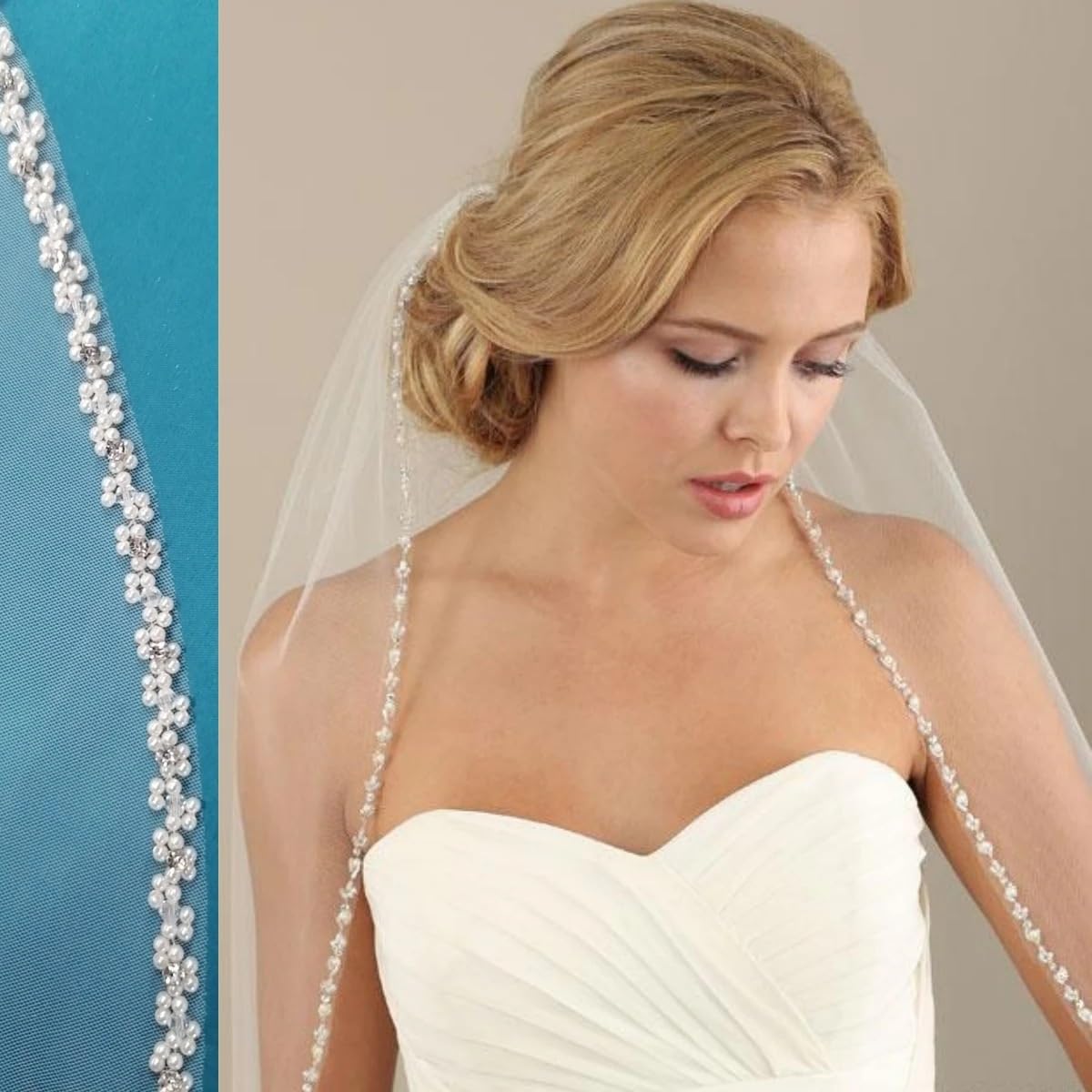 Schleier Braut,Brautschleier Perlen mit Strasssteinen Brautschleier Kristallrand Hochzeitsschleier for weiße weiche Hochzeitsaccessoires(300cm)